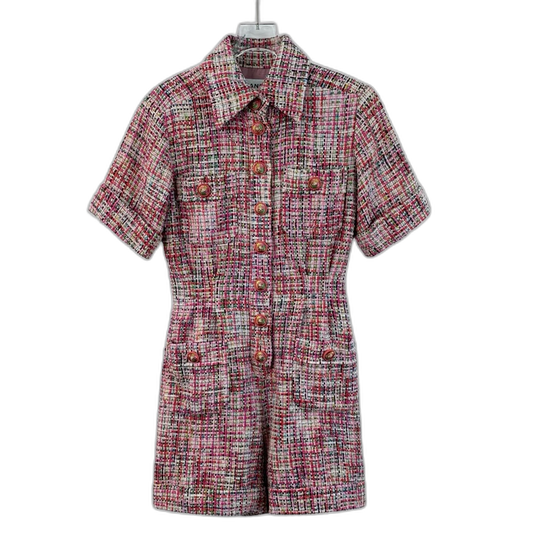Chanel Short Sleeve Tweed Jumpsuit in Colorful Design