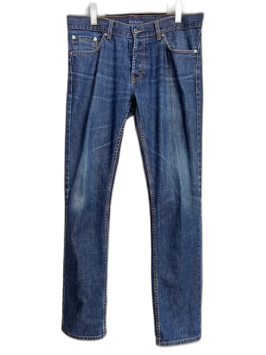 Prada Blue Distressed Logo Denim Pants