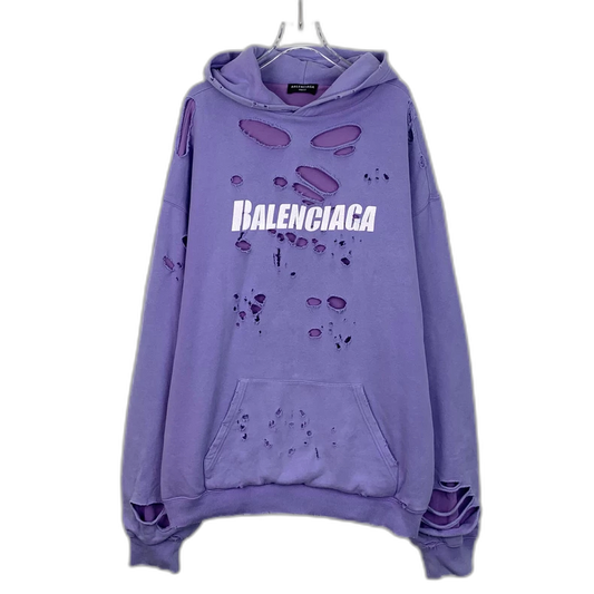 Balenciaga Purple Logo Print Distressed Hoodie