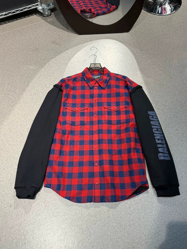 Balenciaga Red Blue Plaid Paneled Sleeve Shirt Jacket-yf