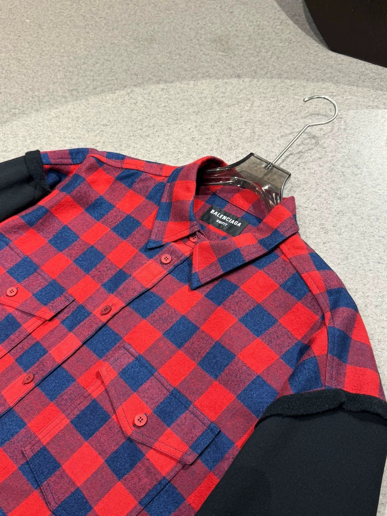 Balenciaga Red Blue Plaid Paneled Sleeve Shirt Jacket-yf