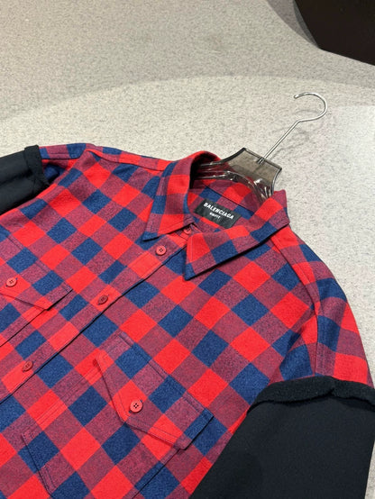 Balenciaga Red Blue Plaid Paneled Sleeve Shirt Jacket-yf