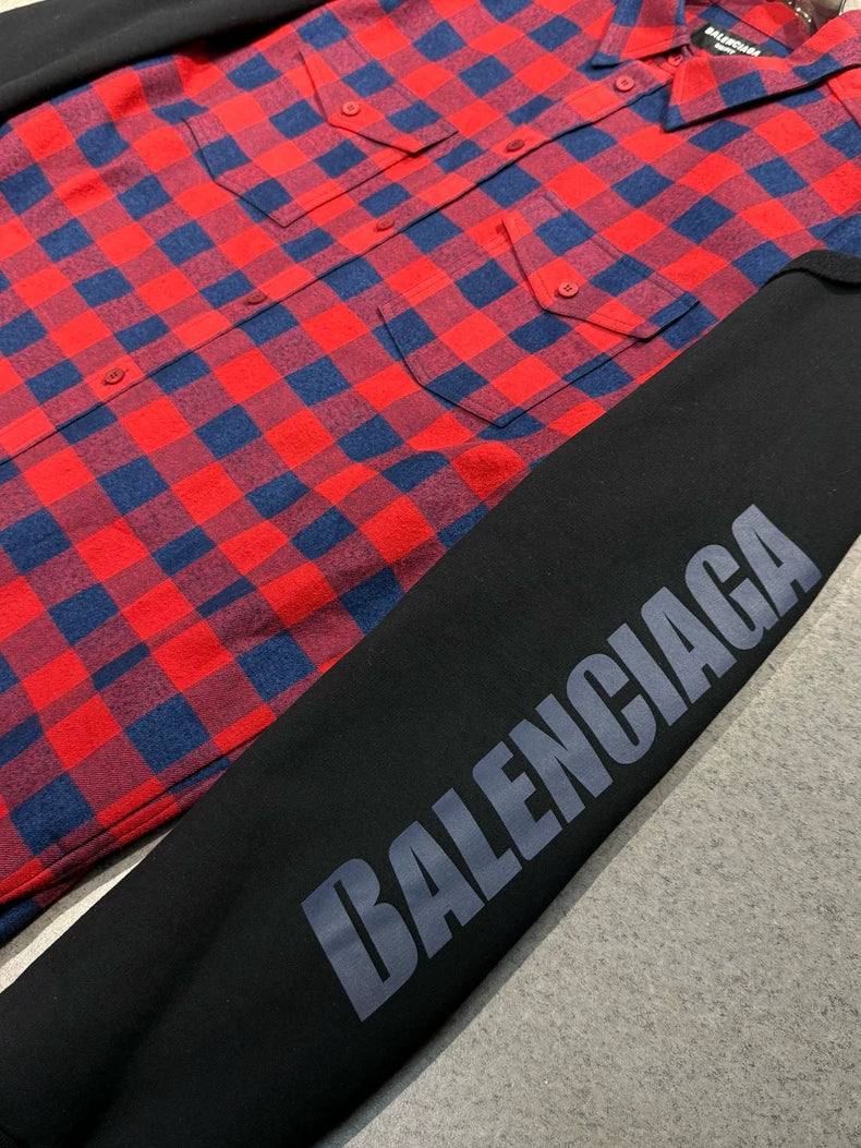 Balenciaga Red Blue Plaid Paneled Sleeve Shirt Jacket-yf