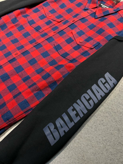 Balenciaga Red Blue Plaid Paneled Sleeve Shirt Jacket-yf