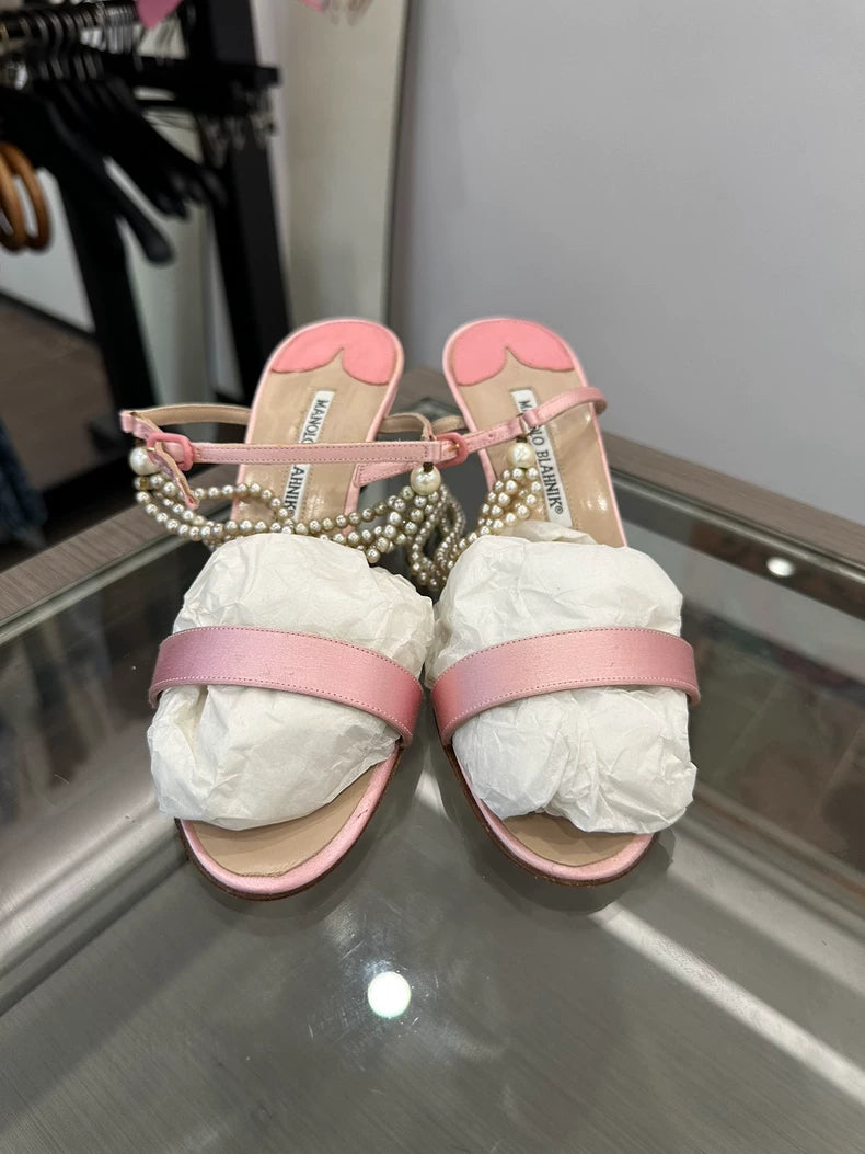 Pink Satin High Heel Mules by Manolo Blahnik