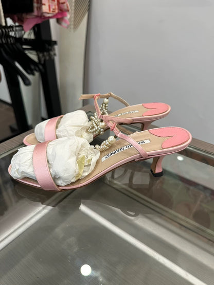 Pink Satin High Heel Mules by Manolo Blahnik