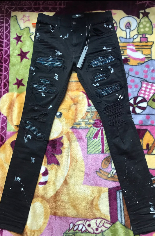 Amiri Classic High Definition Ice Blue Diamond Art Splash Black Jeans