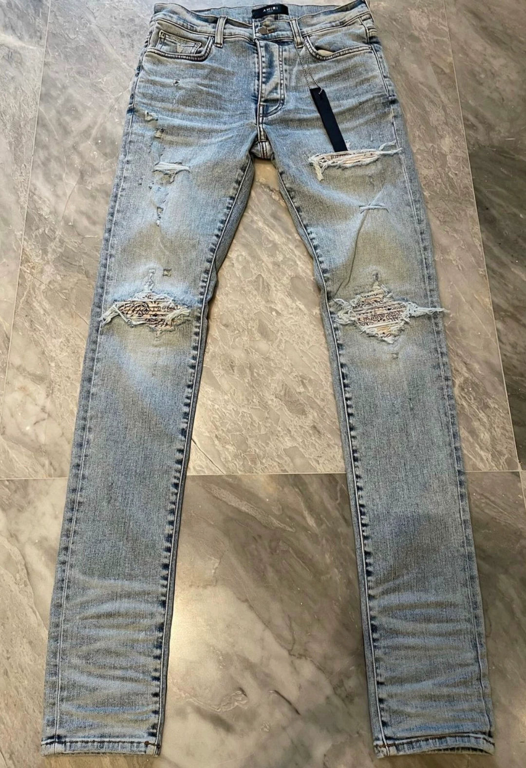 Amiri Classic Cashew Flower Splicing Blue Jeans