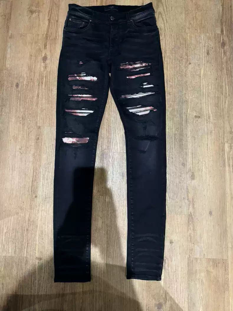 Amiri Black and Red Destruction Cat Beard Jeans