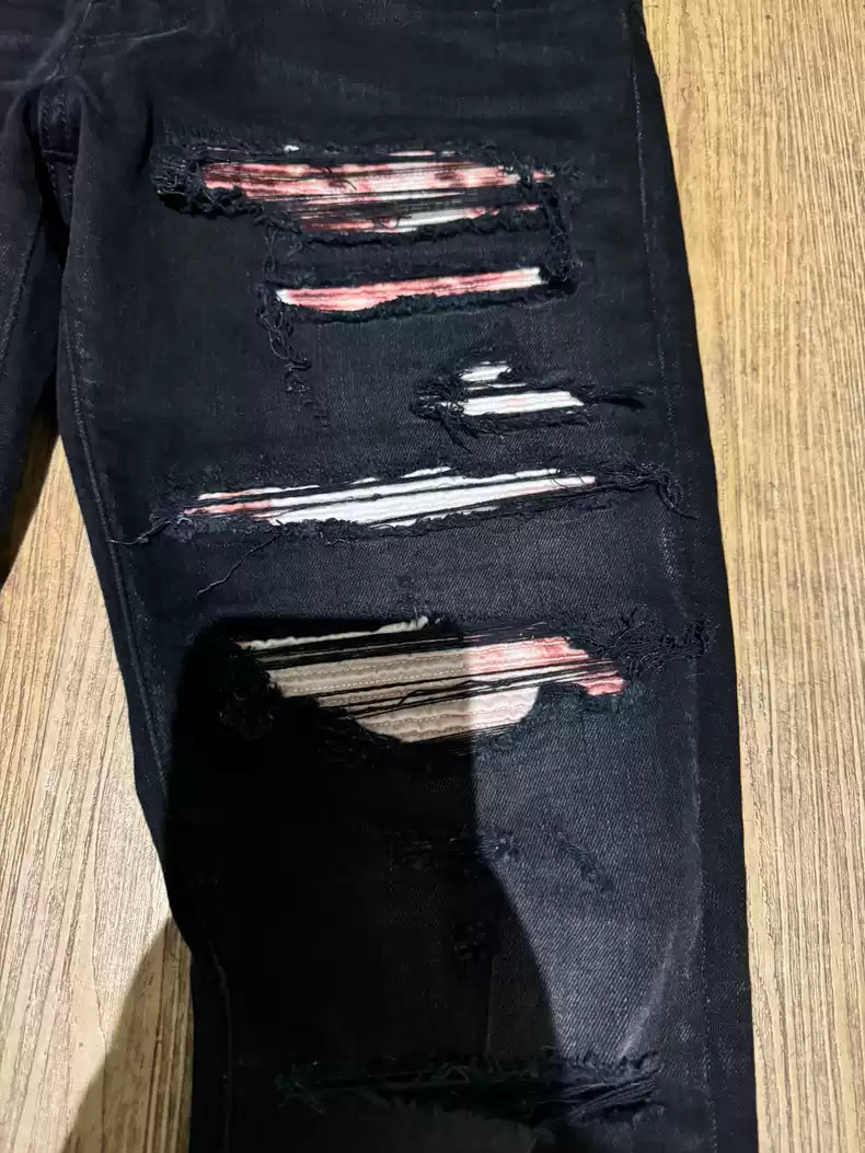 Amiri Black and Red Destruction Cat Beard Jeans