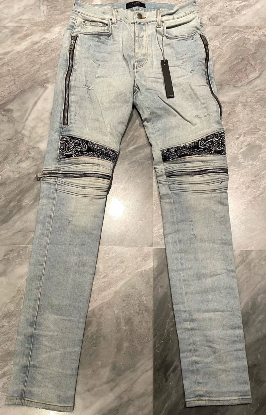 Amiri Classic Black and White Cashew Flower MX2 Blue Jeans