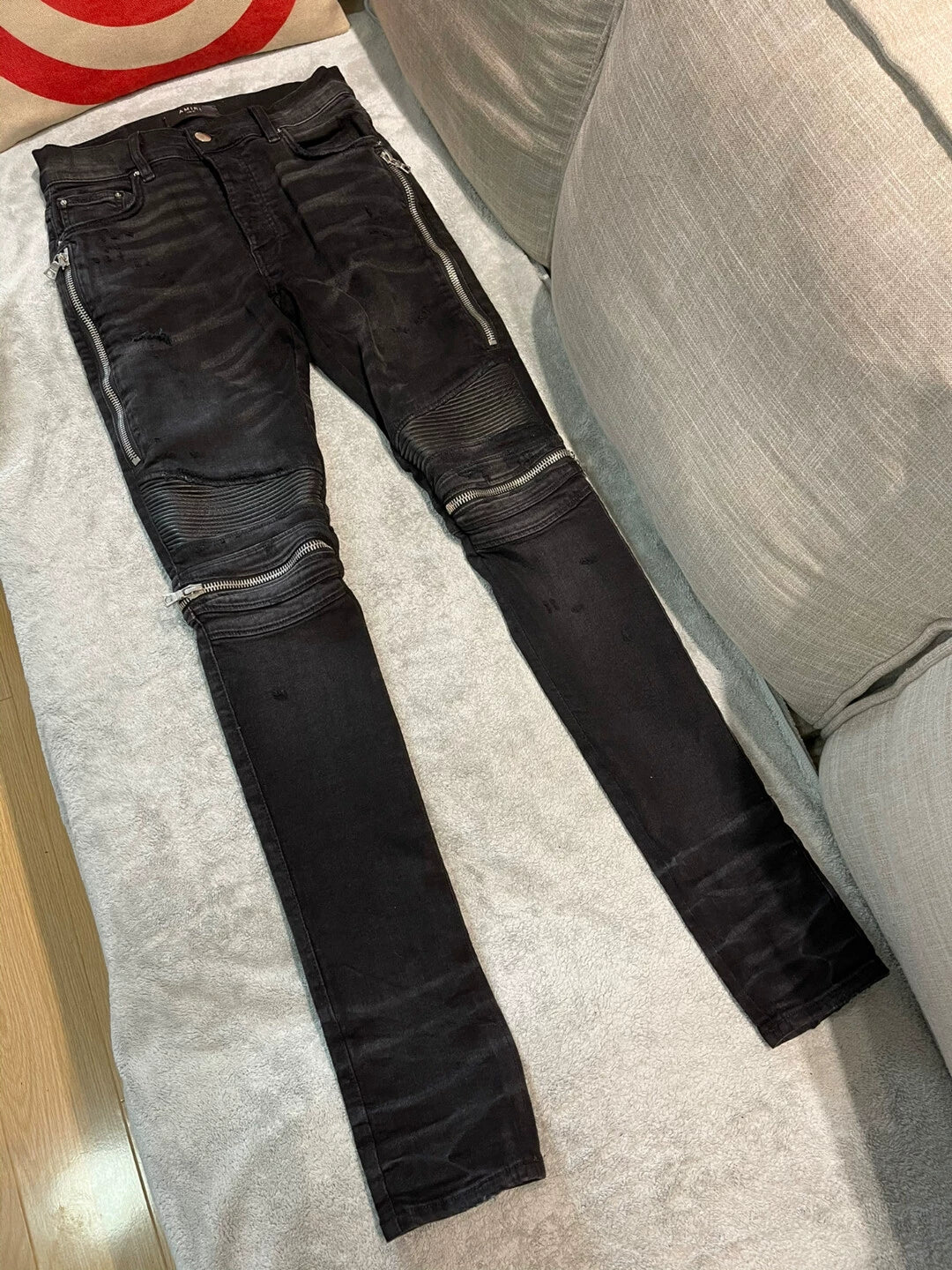 Amiri Classic MX2 Black Grey Washed Zipper Spliced Leather Jeans