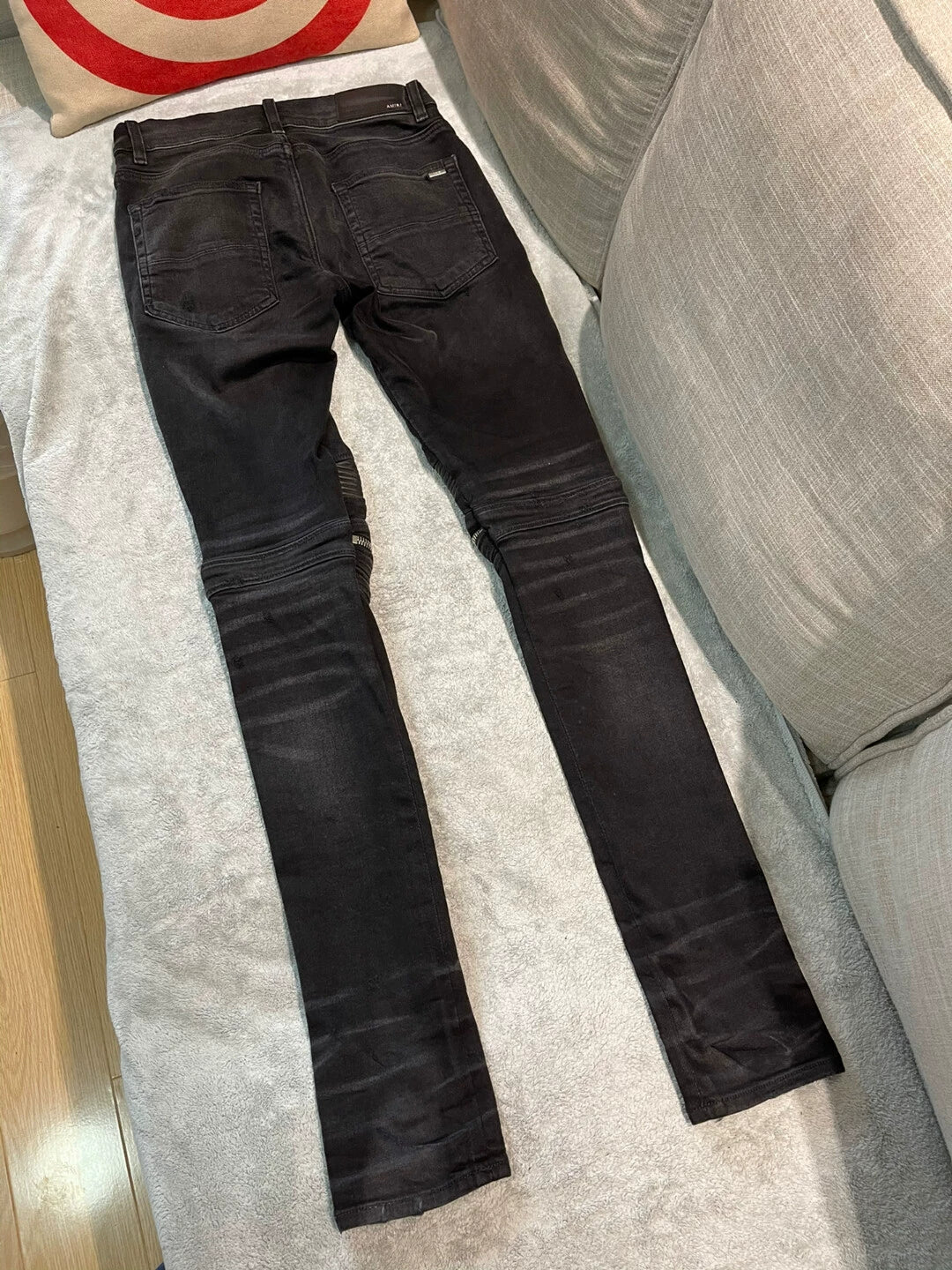 Amiri Classic MX2 Black Grey Washed Zipper Spliced Leather Jeans