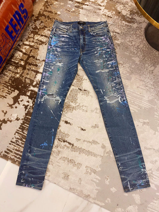 Amiri19 New Brand New Splash Ink Rendering Destruction Blue Jeans