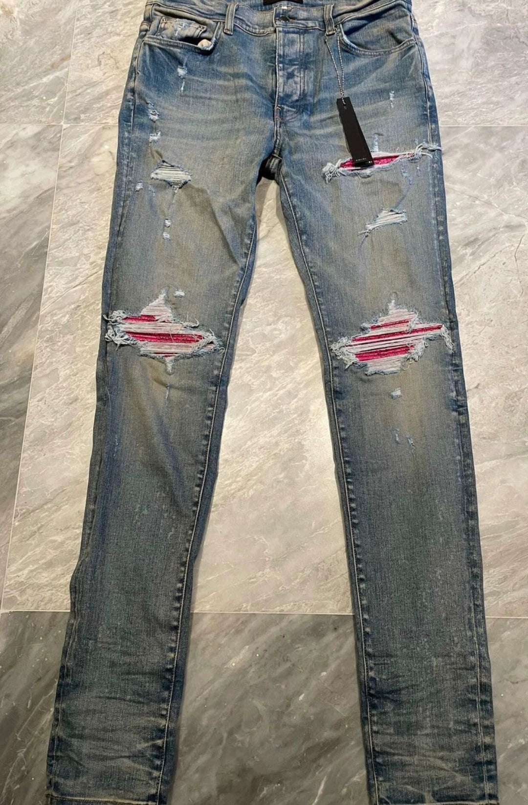 Amiri Classic New Pink Pattern Splicing Blue Jeans