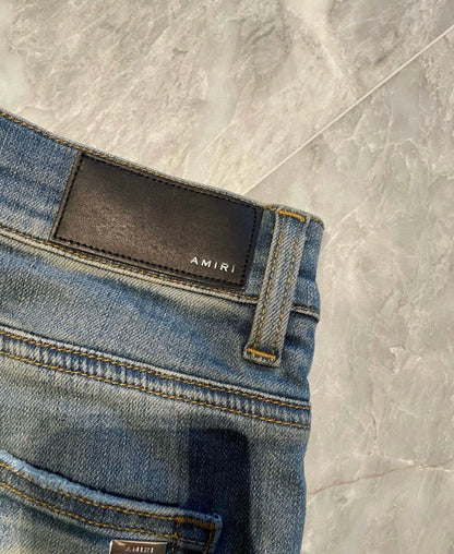 Amiri Classic New Pink Pattern Splicing Blue Jeans