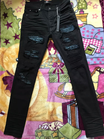 Amiri Classic High Definition Ice Blue Bright Diamond Destruction Black Jeans