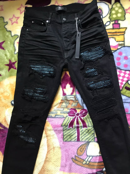 Amiri Classic High Definition Ice Blue Bright Diamond Destruction Black Jeans