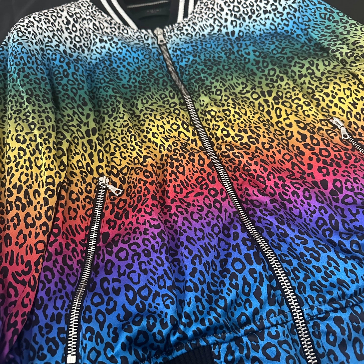 AMIRI 18AW Silk Rainbow Leopard Bomber Jacket