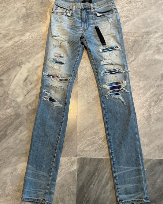 Amiri Blue Watercolor Rendering Patchwork Thrash MX1 Jeans