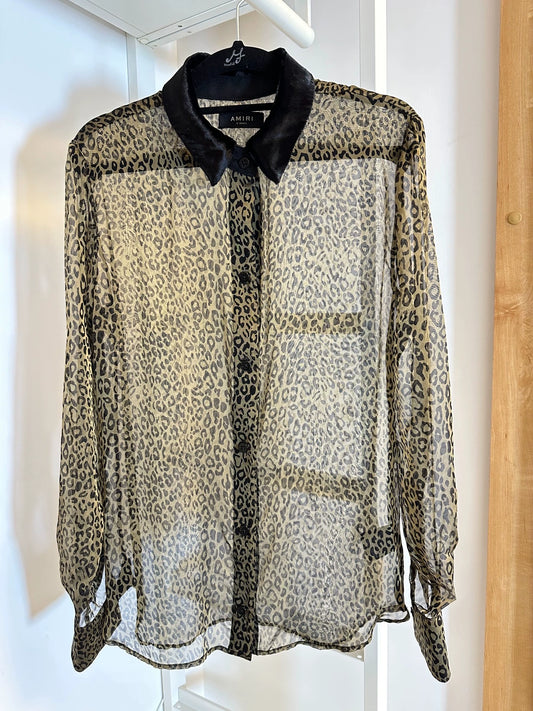 Amiri 100% mulberry silk leopard print long sleeved shirt