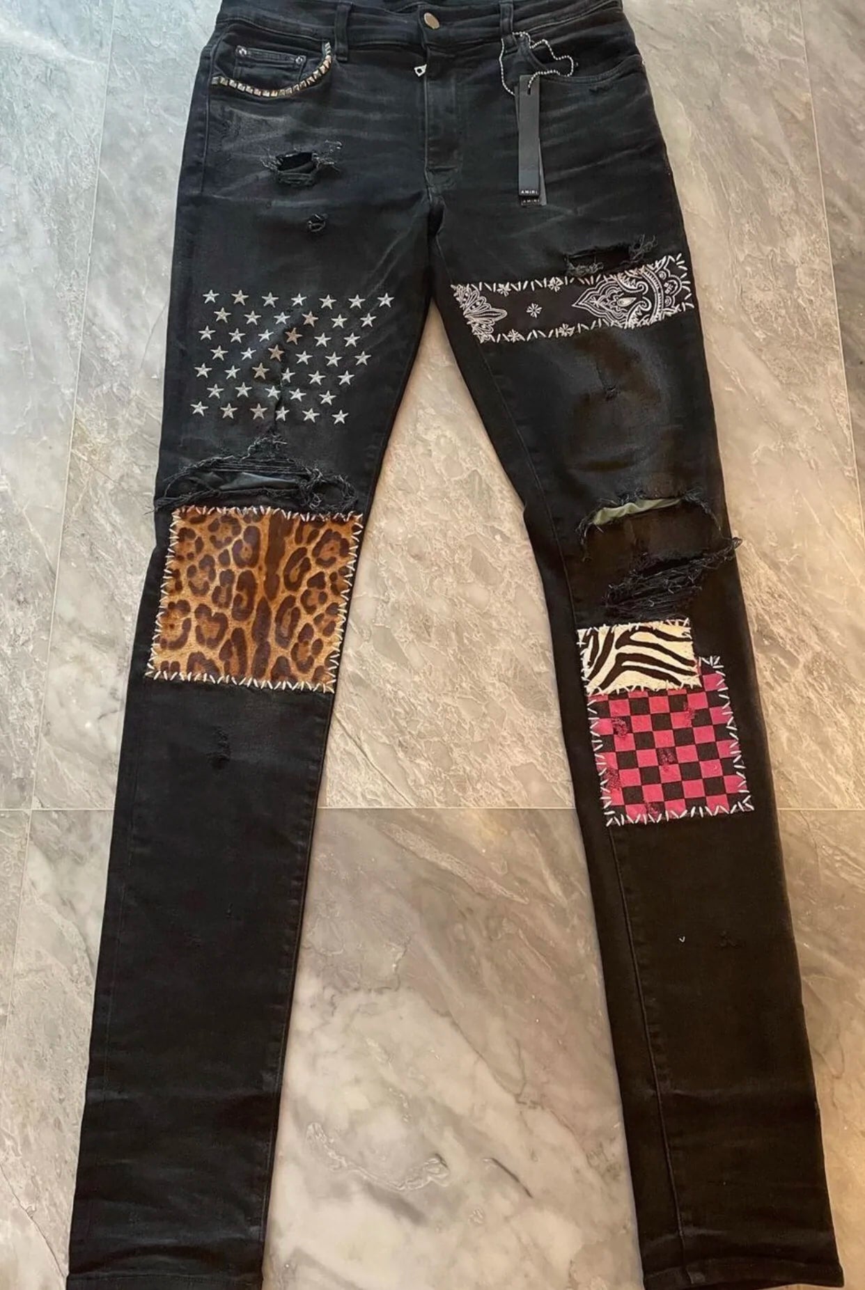 Amiri Classic Leopard Pattern Checkerboard Multi Element Splicing Black Jeans