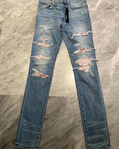 Amiri Blue Pink Watercolor Rendering Patchwork Thrash MX1 Jeans