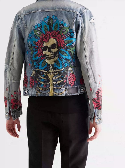 Amiri Emir Denim Jacket With 21ss Grateful Dead Co-branded Hand-painted Skull Rose