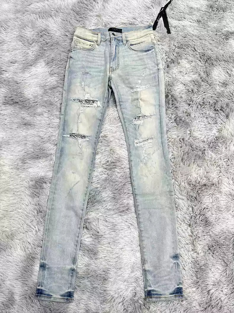 Amiri Classic Stripe Sparkling Diamond Destruction Blue Jeans