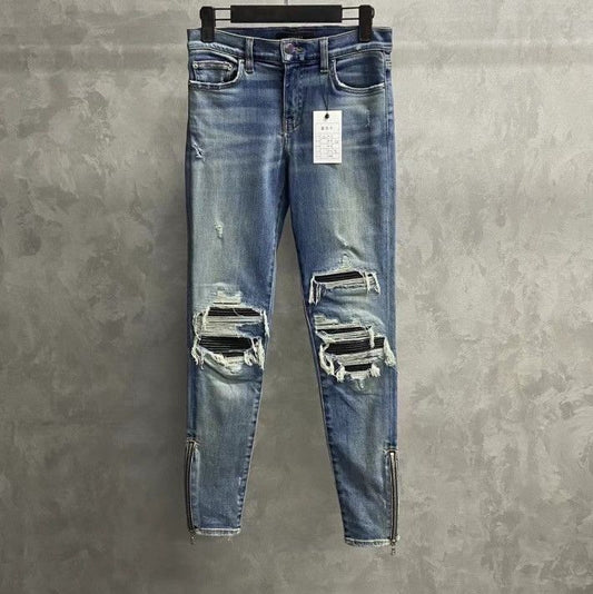 Amiri latest blue leather pants zipper jeans - - DMC