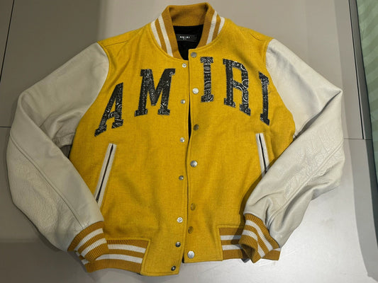 Amiri mustard yellow cashew flower letter leather sleeve wool baseball jacket