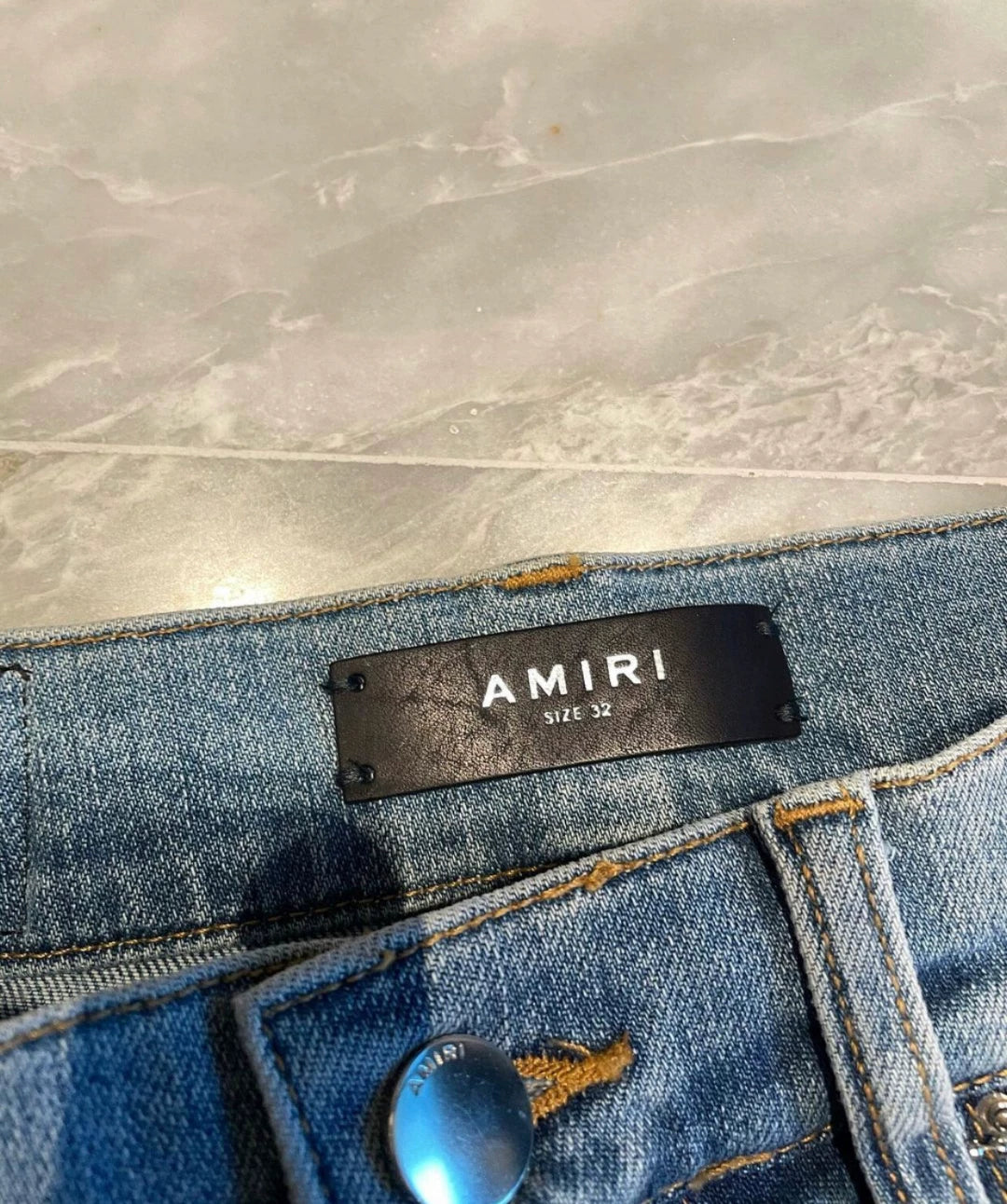 Amiri Classic Rendering Multi Element Art Splicing Blue Jeans