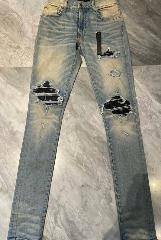 Amiri Classic OG Yellow Mud Cashew Flower Splicing Blue Jeans