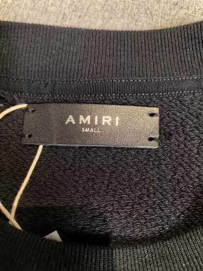 Amiri Blue Panther Logo embroidered extensively, with broken stitching on round neck hoodie