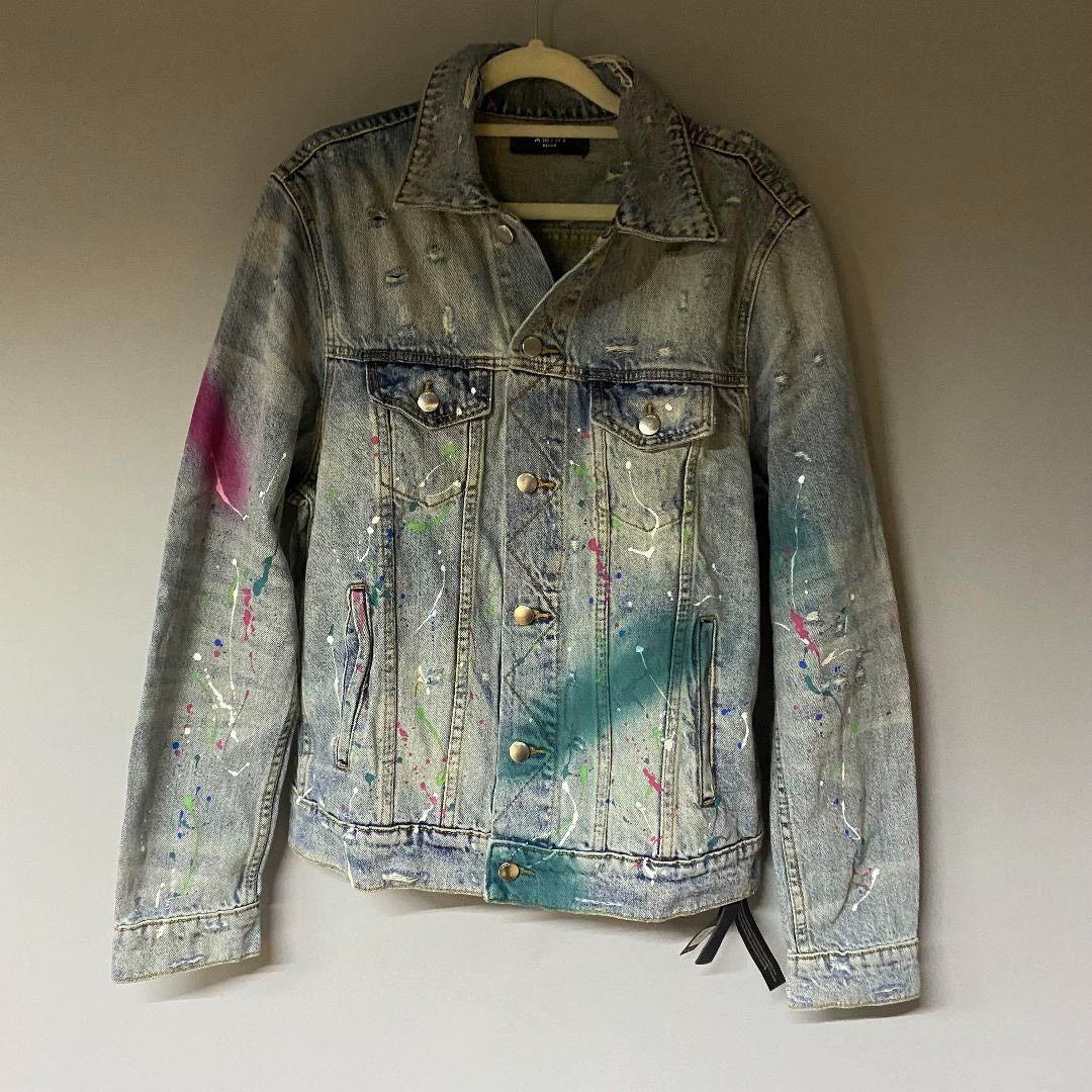 AMIRI 19SS GRAFFITI NEON TRUCKER paint crushing processing neon indigo denim jacket