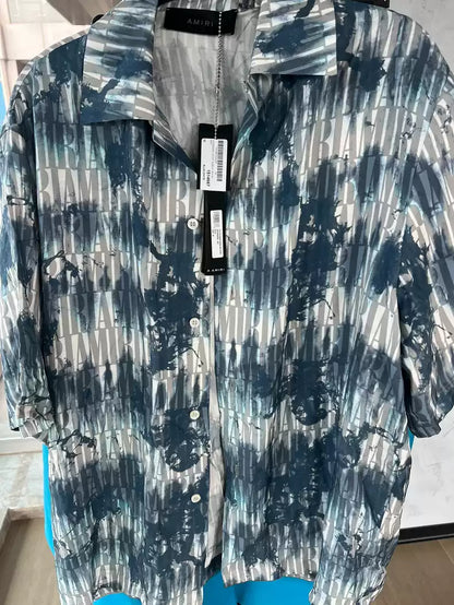 Amiri SS23 short sleeved silk blue and white shirt