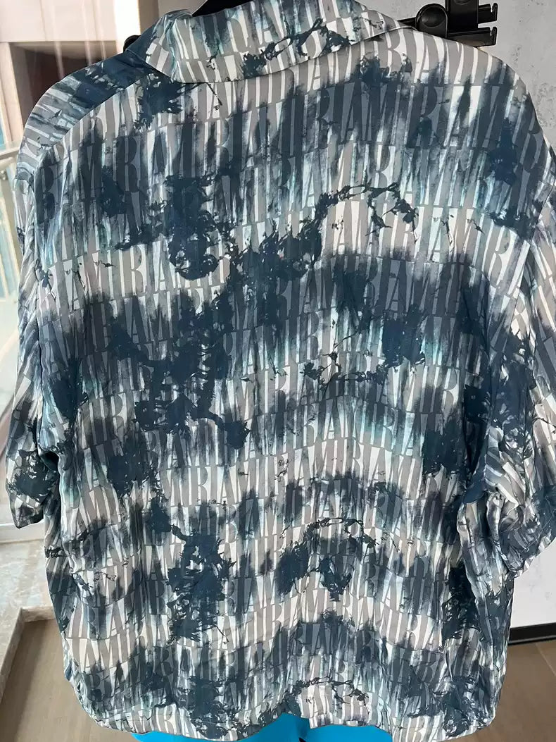 Amiri SS23 short sleeved silk blue and white shirt