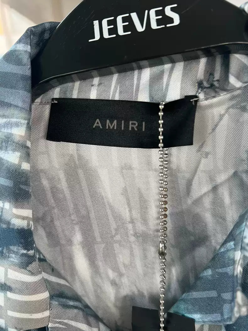 Amiri SS23 short sleeved silk blue and white shirt