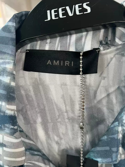 Amiri SS23 short sleeved silk blue and white shirt