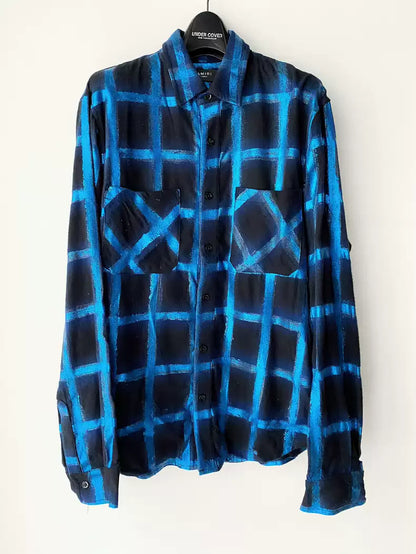 Amiri Blue Electro Blue Art Sparkling Powder Coating Handmade Grid Pattern Shirt