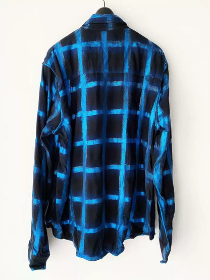 Amiri Blue Electro Blue Art Sparkling Powder Coating Handmade Grid Pattern Shirt