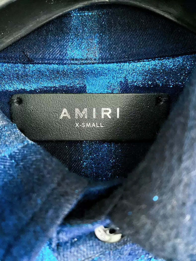 Amiri Blue Electro Blue Art Sparkling Powder Coating Handmade Grid Pattern Shirt