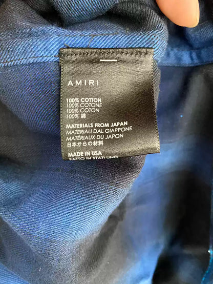 Amiri Blue Electro Blue Art Sparkling Powder Coating Handmade Grid Pattern Shirt