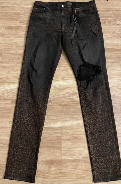 Amiri Classic Heavy Industry Dark Leopard Pattern Destruction Black Jeans