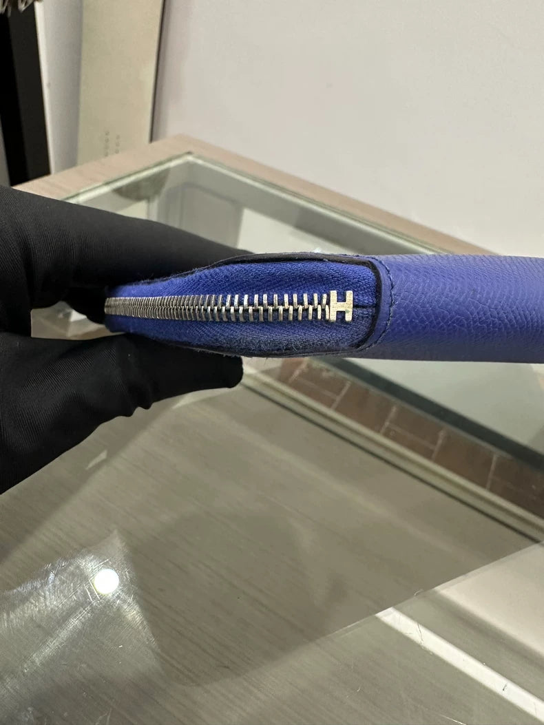 Hermes Silk Leather Zip Wallet in Electric Blue