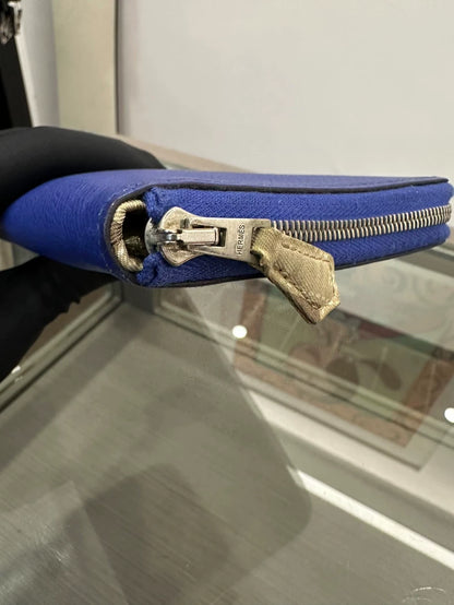 Hermes Silk Leather Zip Wallet in Electric Blue