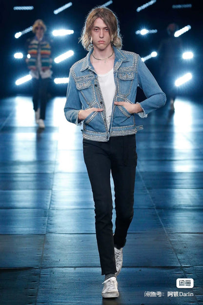 Saint Laurent Blue Studded Denim Jacket