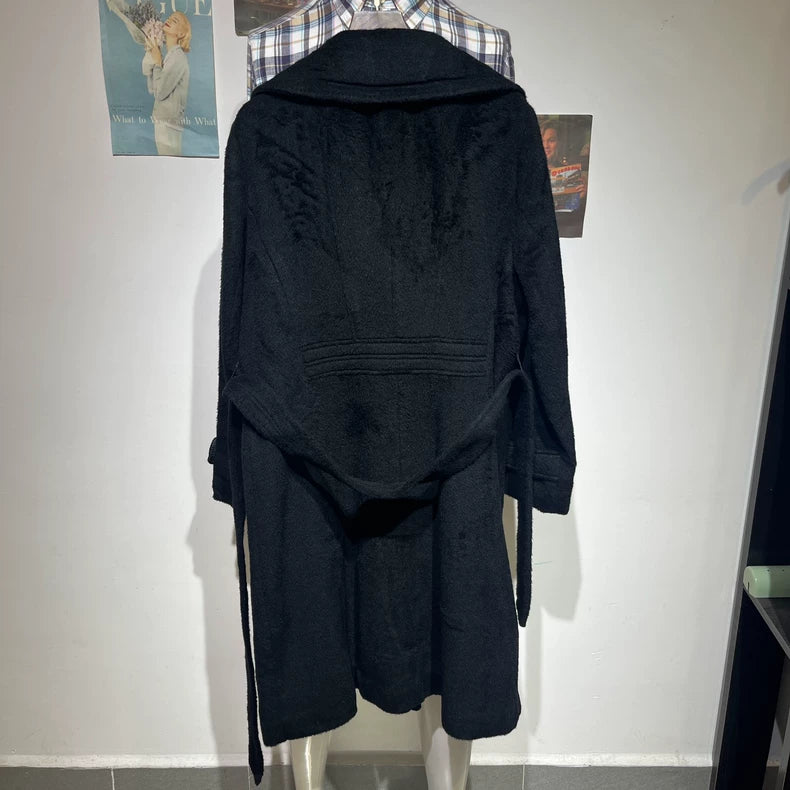 Vintage Long Black Wool Belted Coat