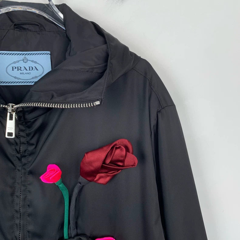 Black Floral Zip-Up Jacket by Prada
