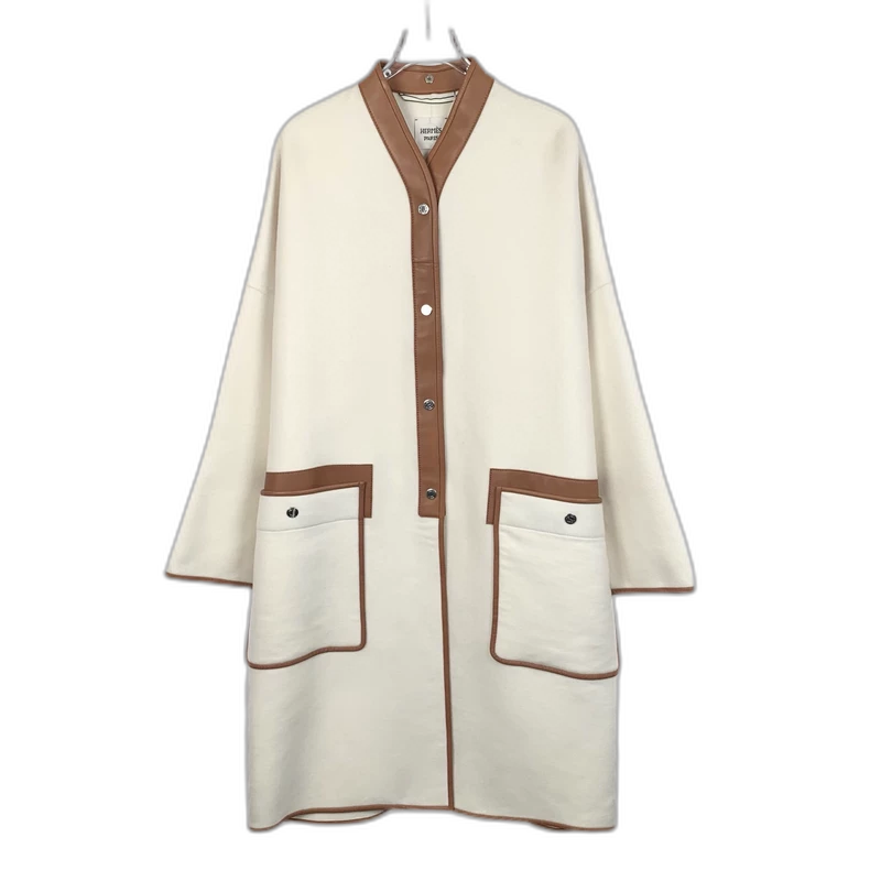 Hermes White Cashmere Coat with Buttons